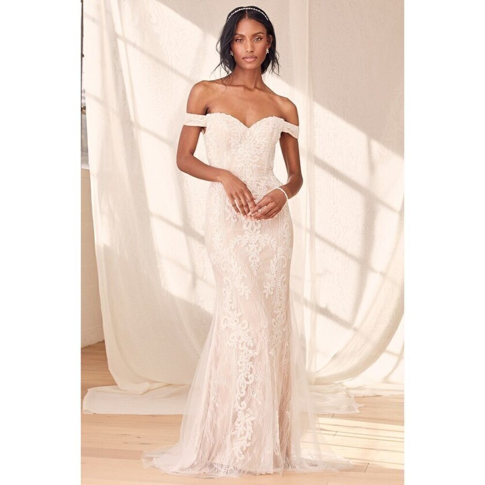 Lulus Promised Love White Beaded Lace Off-Shoulder Mermaid Wedding Dress, Size 4